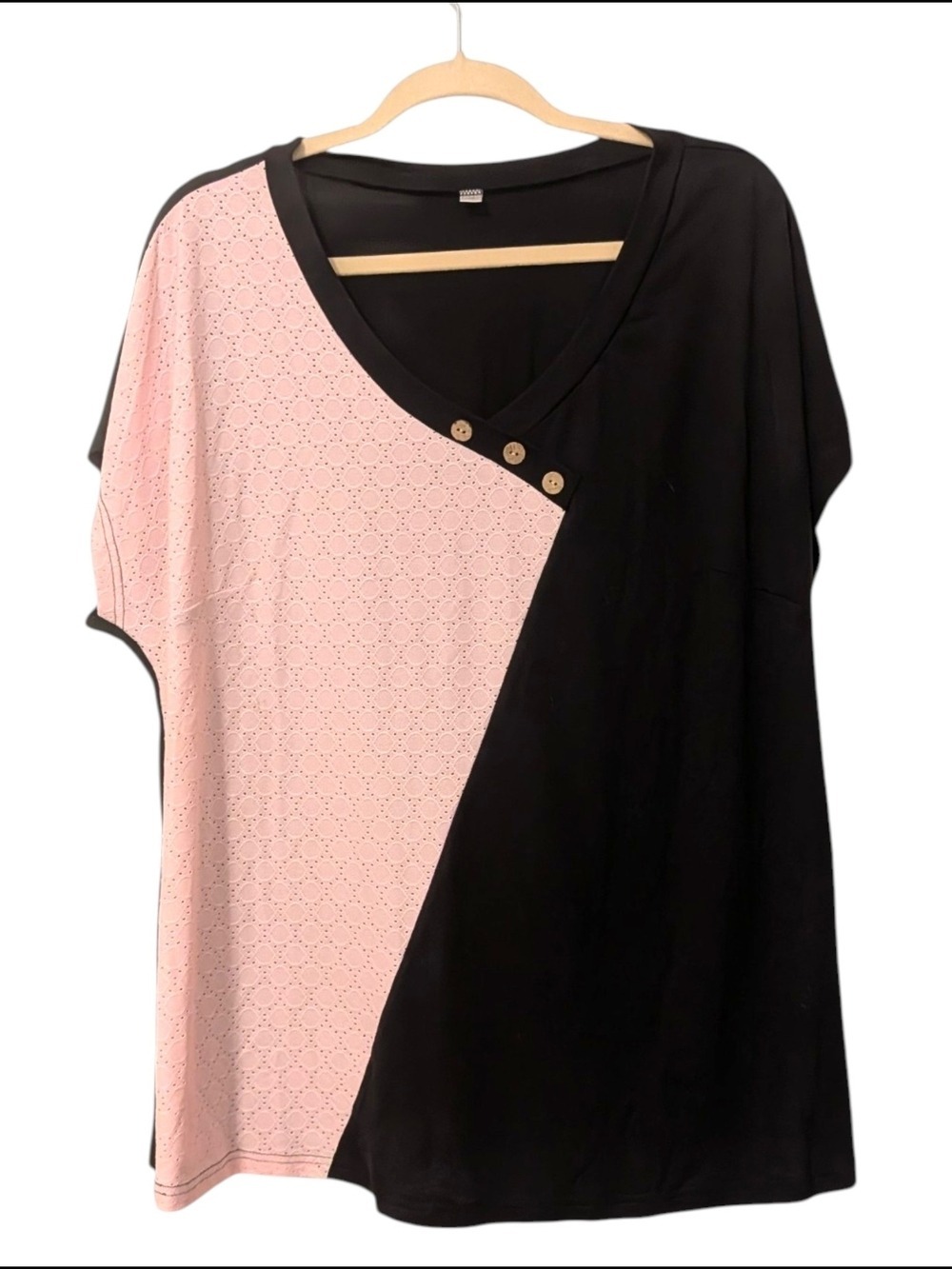 Women's Pink Black Two-Tone Button Accent Top